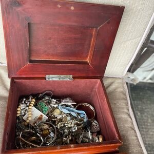 Wooden Jewelry Box with Assorted Jewelry